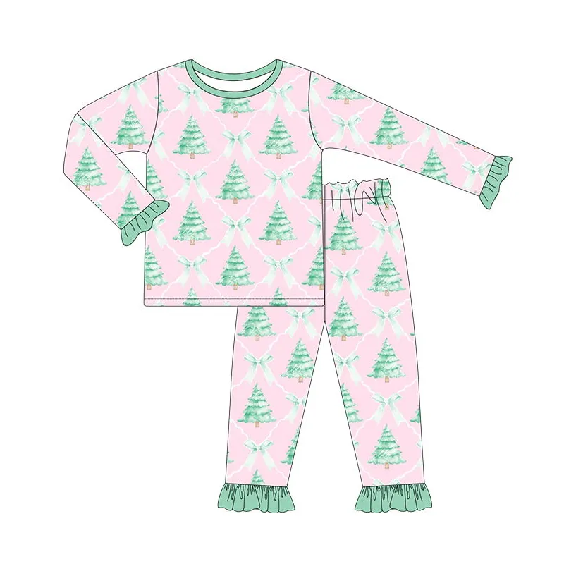 Pre order western baby girl clothes Christmas tree bows pajamas winter kids little girls boutique clothing holiday sleepwear