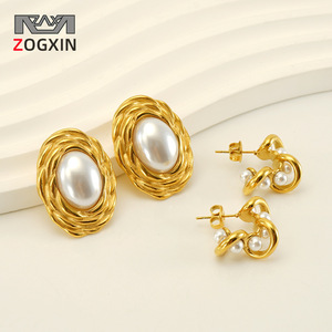 ZOGXIN Gold Plated Pearl Stud Earrings Geometric Design For Women Party Jewelry - Product Image 1