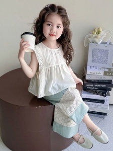 Set di vestiti casual estivi in due pezzi <span class=keywords><strong>per</strong></span> bambine, top senza maniche con occhielli e pantaloni a gamba larga - Product Image 6