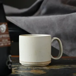 Nordic Sandy Clay Ceramic Straight 12OZ Mugs With Natural Speckled Black Dots,Unique Handle Shiny Glazed Custom Coffee Cups