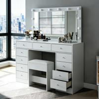 Table de toilette vintage avec miroir en verre LED, coiffeuse de chambre à coucher en bois blanc moderne, coiffeuses à miroir pour filles avec éclairage