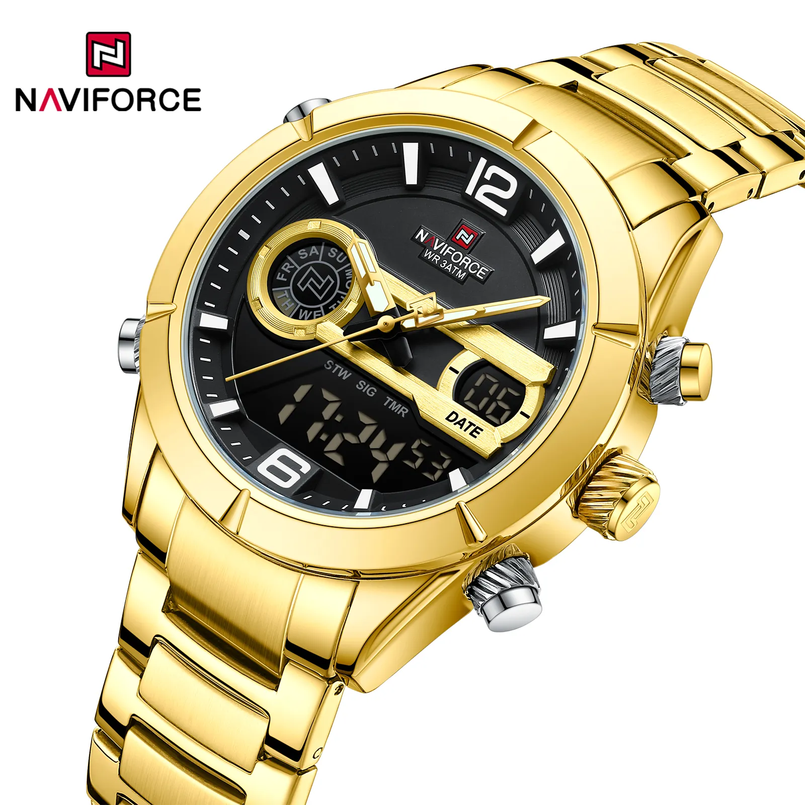 ساعات يد NAVIFORCE 9232 للرجال من الفولاذ المقاوم للصدأ مزودة بإضاءة LED ساعة رقمية كوارتز للرجال ساعة ذهبية أصلية للرجال رياضية عسكرية