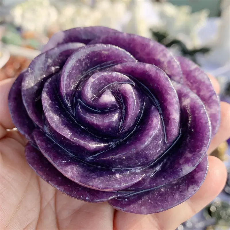Natural Lepidolite Crystal Rose Flower Carving Healing Stone Crafts