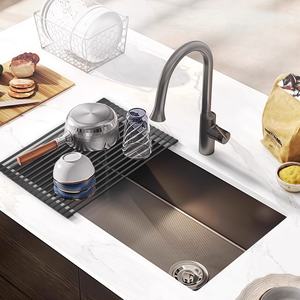 Fregadero de cocina de acero inoxidable 304 de un solo seno con drenaje lateral derecho, hecho a mano, con lavabo integrado nano para lavado de verduras - Product Image 1