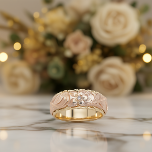 Anillo de Boda de Oro Sólido de 18K en Dos Tonos con Flor y Diamantes Redondos de Corte Brillante en Engaste de Bisel para Mujer, Anillo Clásico F595 - Product Image 2
