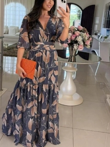 Nouvelle Collection Été 2026 : Ensemble Robe Longue Col V Imprimé Feuilles Rétro avec Design Ajusté à la Taille pour une Silhouette Affinée et Élégante - Product Image 2