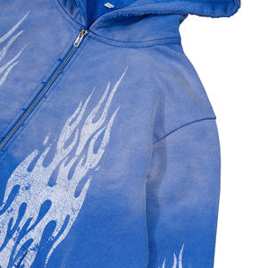 TOPSHOW Sweat <span class=keywords><strong>à</strong></span> capuche zippé personnalisé avec motif flamme <span class=keywords><strong>dégradé</strong></span>, impression numérique, en molleton bouclette, effet vieilli et délavé <span class=keywords><strong>à</strong></span> l'acide - Product Image 3