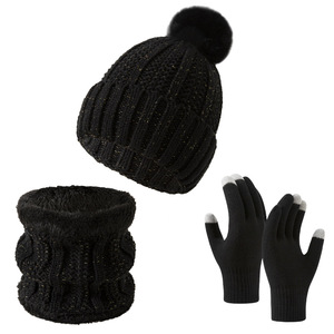 Ensemble de trois chapeaux et <span class=keywords><strong>gants</strong></span> d'hiver chauds en velours épais, couleur unie, polyvalents et anti-froid, pour le cyclisme - Product Image 1