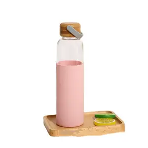 Özel paramparça dayanıklı meyve demlik su şişesi bpa ücretsiz bambu kapak silikon kol sıcak temizle cam su şişesi