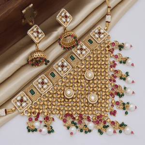 Ensemble collier choker vintage plaqué or Kundan avec boucles d'oreilles Jhumka assorties, perles pendantes, tenue de mariage Rajasthani - Product Image 1