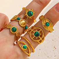 Boho Vergoldete Edelstahl-Armbänder mit Falschem Malachit, Verstellbar, Teufelauge, Himmlische Sonne, Geometrische Perlen, Mehrschichtig, als Geschenk