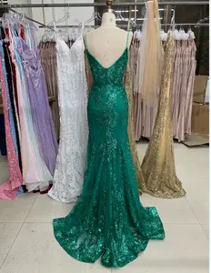 High Quality Mermaid Deep V Neck Corset Unique Sage Green Sequin Prom Evening Dresses For Women 2023