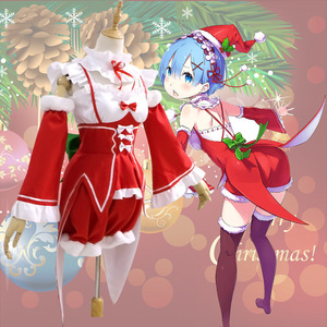 Re Zero Ram Rem Christmas Costume Cosplay Outfit Red Set With Socks And Garters For Anime Role Playing - Product Image 2