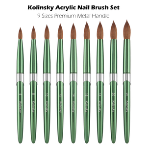 ชุดแปรงทำเล็บ Kolinsky ขนาด 9 ชิ้น ยี่ห้อ Private Label ด้ามจับโลหะสีเขียวเงา สำหรับทำเล็บอะคริลิคในร้านเสริมสวย - Product Image 1