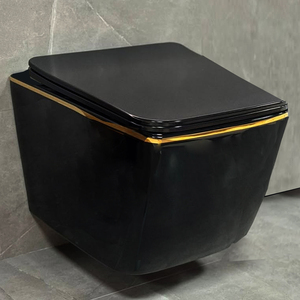 Inodoro de cerámica color marfil con borde dorado, cisterna oculta, inodoro con descarga por inmersión, combo, inodoro sin borde, consola de baño empotrada para el hogar - Product Image 1