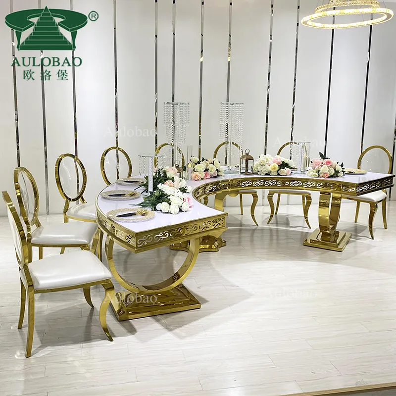 hotel hall 12-18 people half moon shape gold stainless steel metal tables and chair