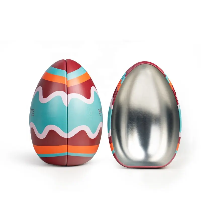 Renkli baskı sevimli tasarım yumurta şekilli Metal teneke top paskalya yumurta kurabiye kutusu ambalaj için noel teneke