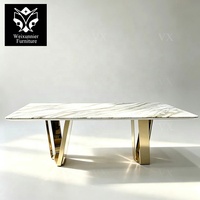 Table à manger en marbre de luxe, table rectangulaire moderne, base en acier inoxydable doré, table à manger en marbre contemporaine sur mesure, design contemporain