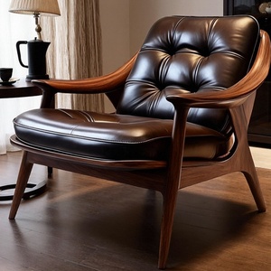 Poltrona Casual in Legno Massello di Noce Nero Nordamericano con <span class=keywords><strong>Seduta</strong></span> in Vera Pelle, Estetica Vintage Stile Dinastia Song, <span class=keywords><strong>Sedia</strong></span> da Soggiorno - Product Image 4