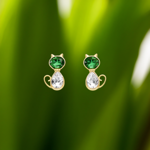Fashion Drop <b>Earrings</b> PVD Gold Plated 316L Stainless Steel Sustainable Resistant Cat Design Green <b>Crystal</b> <b>Studs</b> - Product Image 3