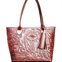B.S INTERNATIONAL Tas Tangan Wanita Kulit Asli Desain Ukiran Gaya Eropa Vintage Penutup Ritsleting Kapasitas Besar