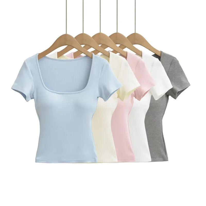 Big Round Neck Basic Women's T-Shirt Chest Pad Breathable Four-Way Stretch Slim Fit Crop Top Summer Solid Color