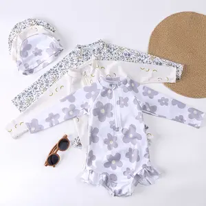 Summer Boho Floral Printed Kids Girl Swimsuits Long Sleeve Zipper Rash Guard Ruffle Boutique Baby Girls Bikini Floral Swimwear