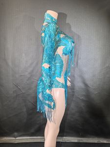 ชุดบอดี้สูททรงเอไลน์เซ็กซี่ 7G แบบไหล่เดียว สำหรับนักร้อง นักเต้น ประดับด้วยคริสตัลสีฟ้าระยิบระยับ พร้อมพู่ห้อย สำหรับการแสดงบนเวที - Product Image 5