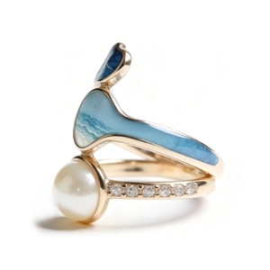 [Mostra Internazionale di Gioielli di Hong Kong] <span class=keywords><strong>Anello</strong></span> Asimmetrico Azure Islet <span class=keywords><strong>con</strong></span> Smalto a Onde, Perla d'Acqua Dolce e Madreperla - Product Image 2