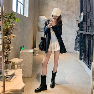 Botas Chelsea de Cuero Ancho con Cuello en V para Mujer, Estilo Western con Suela Gruesa y Tacón Alto, Altura Media al Tobillo, para Otoño y Verano - Product Image 3