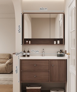 ชุดโต๊ะเครื่องแป้งห้องน้ำไม้วอลนัทดีไซน์โมเดิร์นกลางศตวรรษ พร้อมแผงประตูลายโครงกระดูก ที่จับลายทอง 2 ลิ้นชัก - Product Image 6