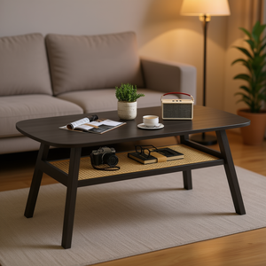 Tavolino da Caffè Rettangolare a 2 Livelli con Ripiano in Rattan e Gambe in Legno di Gomma, Grigio Scuro, Arredamento Moderno per Soggiorno - Product Image 2