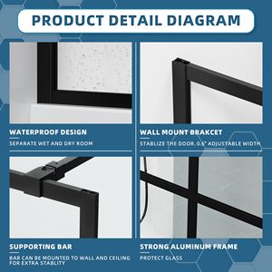 Porte <span class=keywords><strong>de</strong></span> <span class=keywords><strong>douche</strong></span> coulissante sans cadre Mars Villa, design personnalisé, 34x72, verre trempé avec barre à outils et porte-serviettes - Product Image 6