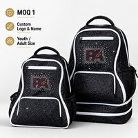 Sac de cheerleading noir avec fermetures éclair turquoise, logo de club personnalisé, strass AB, sac à dos personnalisé pour athlètes de cheerleading et de danse