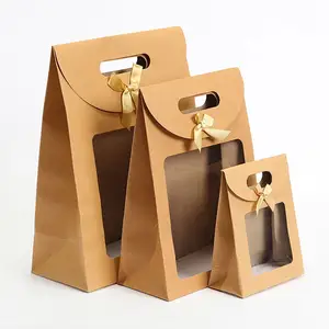 Custom Christmas Gift Wine Wedding Pvc Transparent Clear Window Kraft Paper Packaging Bags For Small Business