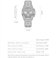 Montre à quartz pour homme en alliage sertie de strass, trois couleurs différentes, style hip-hop, chiffres romains à trois yeux, vente en gros d'usine 2026