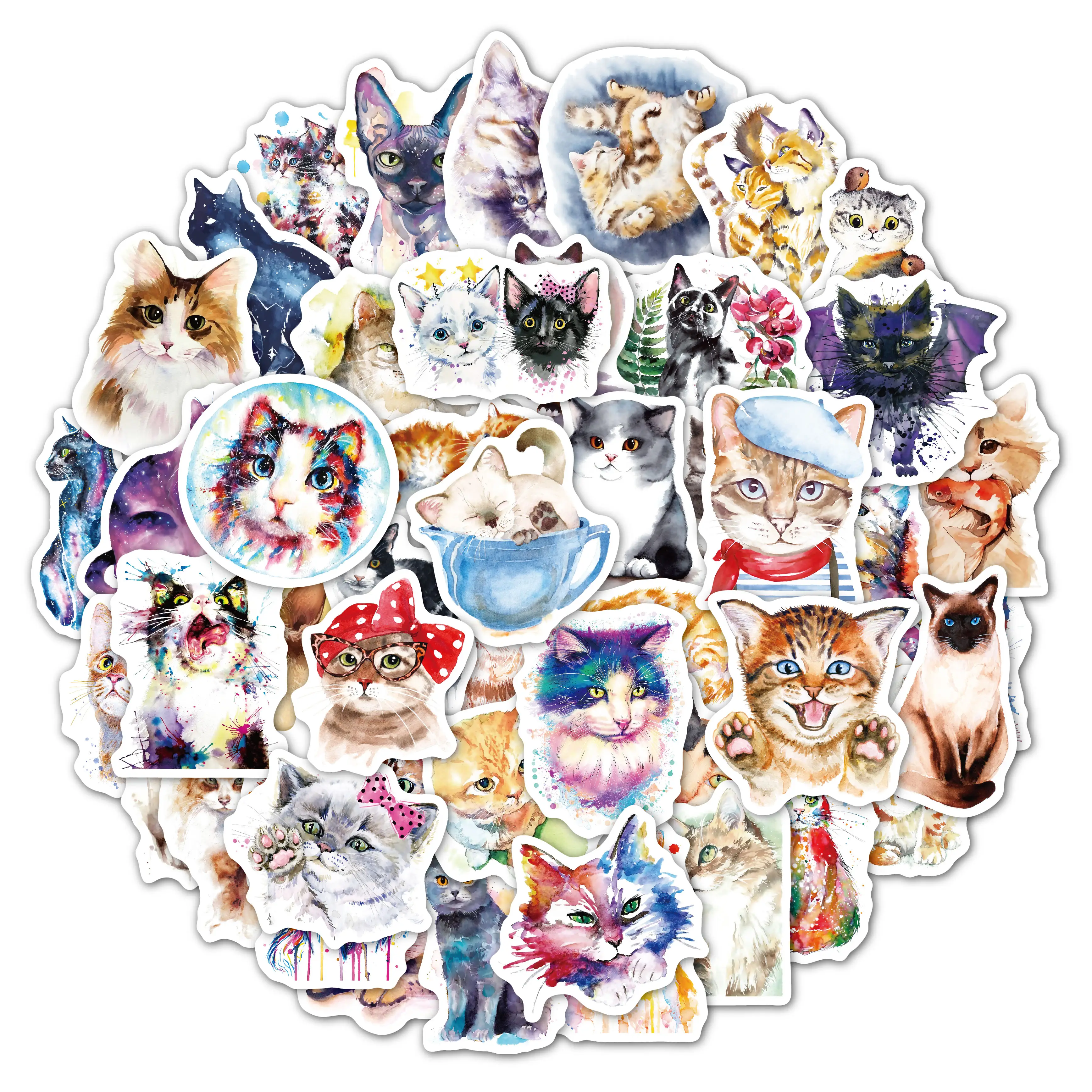 50PCS Cute Cartoon Watercolor Animal Stickers For Kids Laptop Skateboard Luggage Waterproof Tear-resistant Cat Stickers