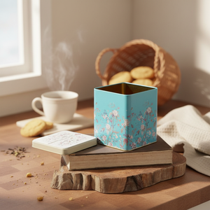 Kontensan 1.8 L Slip Lid <b>Floral</b> Design Pastel Blue Square Tin <b>Box</b> 120x120x137 mm Custom Logo Tea Tins for Cookie & Tea Packs - Product Image 3