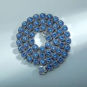 Colored Zircon Cuban Chains Iced Out Luxury Hip Hop Jewelry Icy 10mm Blue Diamond Clustered Tennis Chain Necklace for Women Men