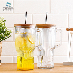 2025 New 1L Ribbed <strong>Glass</strong> Tumbler with Bamboo Lid &amp; Metal Straw, Handle for Home/Office Beverage - Product Image 3