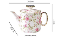 Service à café et thé élégant en porcelaine fine à motif floral, avec bordure or rose, théière, tasses, soucoupes, sucrier, crémier, support à gâteau, coffret cadeau, personnalisable OEM