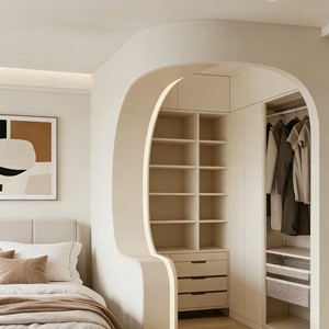 Armoire de chambre à coucher en bois E0/NAF au prix d'usine, design d'arche incurvée personnalisé, rangement multifonctionnel avec tiroirs intégrés - Product Image 3