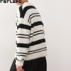 Pull en laine à rayures noires et blanches, tricot texturé duveteux personnalisé, col rond, manches longues, style streetwear décontracté, vente en gros, direct usine - Product Image 3