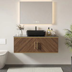Space-Saving Wall-Mounted Bathroom Vanity <strong>Bath</strong> Mirror Copper <strong>MDF</strong> Door <strong>Panels</strong> Glossy Sintered Stone Top Durable Wood Vessel Sink - Product Image 1