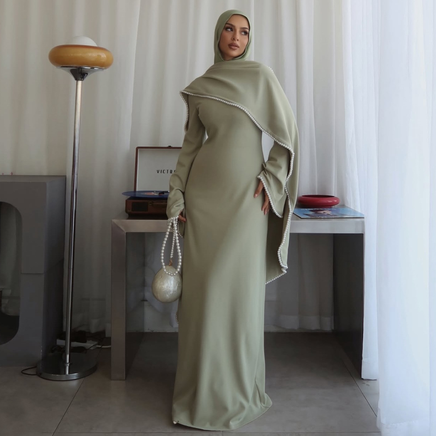 green emerald velvet dress Modern Muslim Woman's Elegant Hooded Abaya with Rhinestones