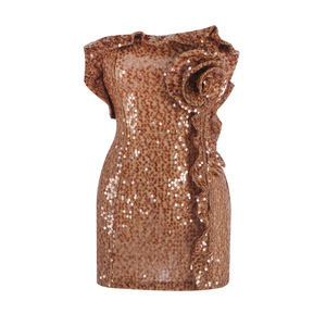 A10343 Migugarment Fashion 3D Floral Brown <strong>Sequin</strong> Embroidered Mini Dress <strong>off</strong> the Shoulder Sleeveless Bodycon Evening Party Dress - Product Image 3