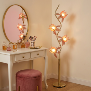 <b>Retro</b> Art Lotus Floor Lamp 4 Lotus Blooms S Shaped Gold Rod Decor Standing <b>Light</b> for Hotel Guest Room - Product Image 3