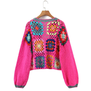 Offre Spéciale printemps et automne doux fait à la main au <span class=keywords><strong>crochet</strong></span> Rose rouge grand-mère carré évider ouvert devant sans bouton femmes <span class=keywords><strong>pull</strong></span> - Product Image 6