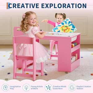 Mesa y Sillas Infantiles de Madera, Muebles de Madera para Niños Pequeños, Mesa de Dibujo de Madera <span class=keywords><strong>con</strong></span> 2 Sillas, Mesa de Manualidades <span class=keywords><strong>con</strong></span> Amplios Estantes de Almacenamiento - Product Image 2