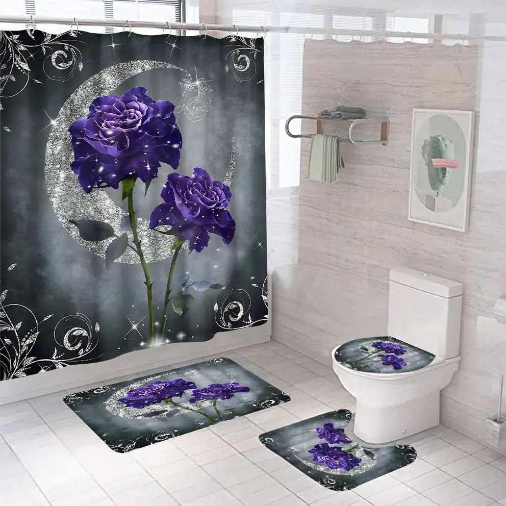 Toilet Cover Non-Slip Mat Rug Carpet Set Home Decor Accessories Waterproof Bathroom Shower Curtain Flower Bath Curtain Sets